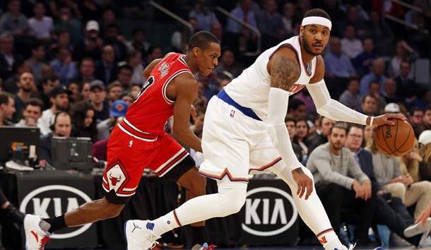 Apr 4, 2017; New York, NY, USA; New York Knicks forward Carmelo Anthony (7) looks to pass in front of Chicago Bulls guard Rajon Rondo (9) during the first quarter at Madison Square Garden. Photo Credit: Adam Hunger-USA TODAY Sports