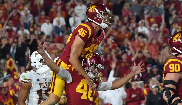 Sep 16, 2017; Los Angeles, CA, USA;    USC Trojans punter Wyatt Schmidt (46) and place kicker Chase McGrath (40) celebrate after kicking the game winning field goal from 43 yards for a double overtime win against the Texas Longhorns at Los Angeles Memorial Coliseum. Photo Credit: Jayne Kamin-Oncea-USA TODAY Sports