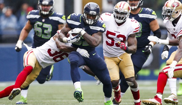 Sep 17, 2017; Seattle, WA, USA; Seattle Seahawks running back Chris Carson (32) rushes against the San Francisco 49ers during the fourth quarter at CenturyLink Field. Photo Credit: Joe Nicholson-USA TODAY Sports