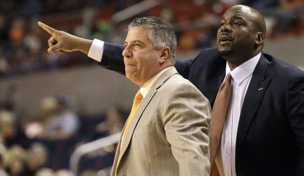 Feb 24, 2016; Auburn, AL, USA;  Auburn Tigers head coach Bruce Pearl (left) and assistant coach Chuck Person direct the Tigers during the first half against the Georgia Bulldogs at Auburn Arena. Photo Credit: John Reed-USA TODAY Sports