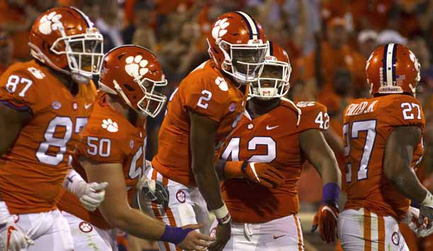 Sep 9, 2017; Clemson, SC, USA; Clemson Tigers quarterback Kelly Bryant (2) celebrates with teammates after scoring a touchdown during the third quarter against the Auburn Tigers at Clemson Memorial Stadium. Photo Credit: Joshua S. Kelly-USA TODAY Sports