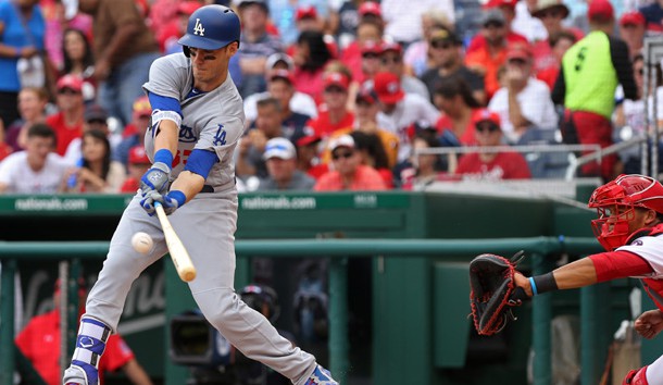 Sep 16, 2017; Washington, DC, USA; Los Angeles Dodgers first baseman Cody Bellinger (35) singles in a run against the Washington Nationals in the third inning at Nationals Park. Mandatory Credit: Geoff Burke-USA TODAY Sports