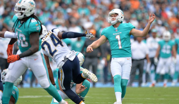 Sep 17, 2017; Carson, CA, USA; Miami Dolphins kicker Cody Parkey (1) follows through on a field goal during the first quarter against the Los Angeles Chargers at StubHub Center. Photo Credit: Jake Roth-USA TODAY Sports