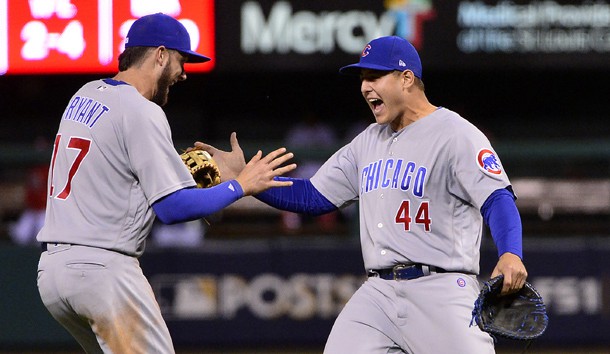 Sep 27, 2017; St. Louis, MO, USA; Chicago Cubs first baseman Anthony Rizzo (44) third baseman Kris Bryant (17) after the Cubs defeated the St. Louis Cardinals and clinched the NL Central Division at Busch Stadium. Photo Credit: Jeff Curry-USA TODAY Sports