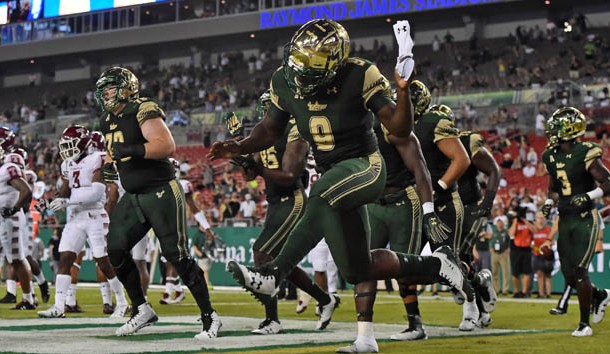 Sep 21, 2017; Tampa, FL, USA; South Florida Bulls quarterback Quinton Flowers (9) celebrates after scoring a touchdown against the Temple Owls during the first half at Raymond James Stadium. Photo Credit: Jasen Vinlove-USA TODAY Sports