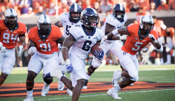 Sep 23, 2017; Stillwater, OK, USA; TCU Horned Frogs running back Darius Anderson (6) runs the ball for a touchdown during the second half at Boone Pickens Stadium. Photo Credit: Rob Ferguson-USA TODAY Sports