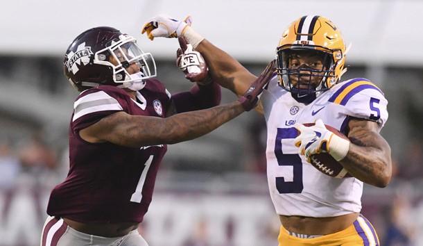 Sep 16, 2017; Starkville, MS, USA; Mississippi State Bulldogs defensive back Brandon Bryant (1) defends LSU Tigers running back Derrius Guice (5) during the second quarter at Davis Wade Stadium. Photo Credit: Matt Bush-USA TODAY Sports