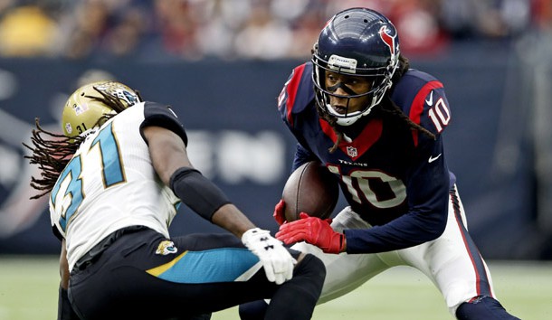 Jan 3, 2016; Houston, TX, USA; Houston Texans wide receiver DeAndre Hopkins (10) looks to get by Jacksonville Jaguars cornerback Davon House (31) during the second half at NRG Stadium. Photo Credit: Kevin Jairaj-USA TODAY Sports