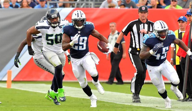 Sep 24, 2017; Nashville, TN, USA; Tennessee Titans running back DeMarco Murray (29) breaks a Seattle Seahawks tackle and rushes for 75 yards for a touchdown during the second half at Nissan Stadium. Photo Credit: Jim Brown-USA TODAY Sports