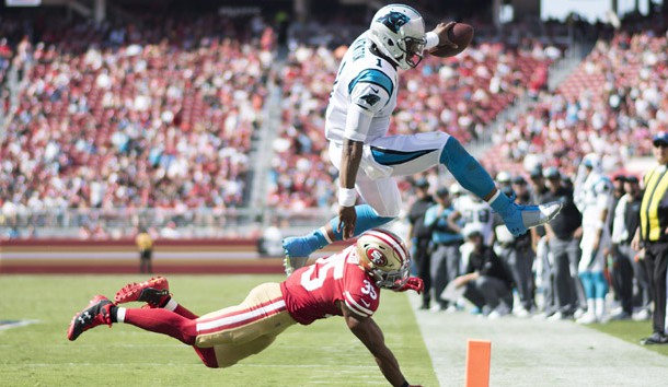 September 10, 2017; Santa Clara, CA, USA; Carolina Panthers quarterback Cam Newton (1) jumps over San Francisco 49ers free safety Eric Reid (35) during the third quarter at Levi's Stadium. The Panthers defeated the 49ers 23-3. Photo Credit: Kyle Terada-USA TODAY Sports