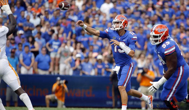 Sep 16, 2017; Gainesville, FL, USA; Florida Gators quarterback Feleipe Franks (13) throws the ball against the Tennessee Volunteers during the first quarter at Ben Hill Griffin Stadium. Photo Credit: Kim Klement-USA TODAY Sports