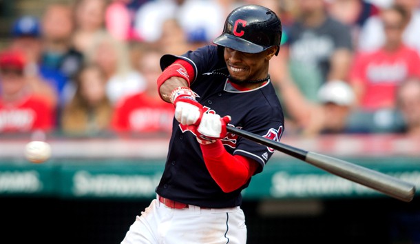 Sep 16, 2017; Cleveland, OH, USA; Cleveland Indians shortstop Francisco Lindor hits a two-run RBI double against the Kansas City Royals during the sixth inning at Progressive Field. Photo Credit: Scott R. Galvin-USA TODAY Sports