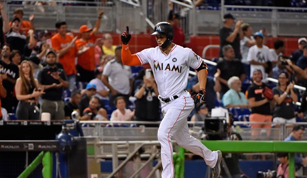 Sep 28, 2017; Miami, FL, USA; Miami Marlins right fielder Giancarlo Stanton (27) rounds the bases after hitting a solo home run in the fourth inning against the Atlanta Braves at Marlins Park. Photo Credit: Jasen Vinlove-USA TODAY Sports