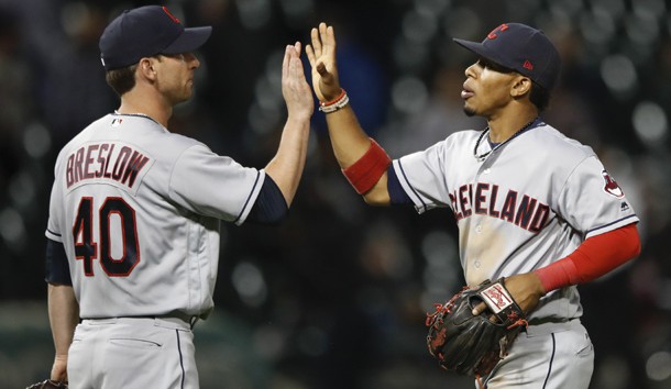 Sep 7, 2017; Chicago, IL, USA; Cleveland Indians relief pitcher Craig Breslow (40) celebrates with shortstop Francisco Lindor (12) after defeating the Chicago White Sox at Guaranteed Rate Field. Photo Credit: Kamil Krzaczynski-USA TODAY Sports