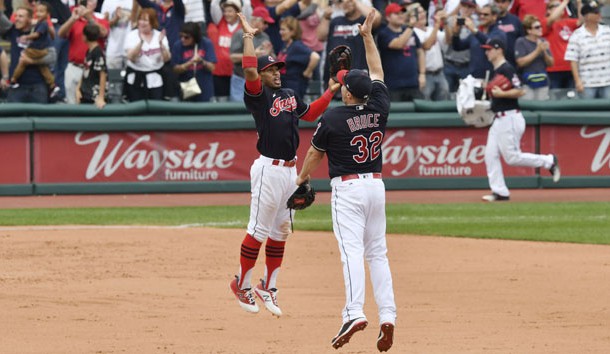 Sep 13, 2017; Cleveland, OH, USA; Cleveland Indians shortstop Francisco Lindor (12) and right fielder Jay Bruce (32) celebrate a win over the Detroit Tigers at Progressive Field. The Indians set an American League record with their 21st consecutive victory. Photo Credit: David Richard-USA TODAY Sports