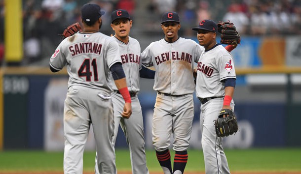 Sep 4, 2017; Chicago, IL, USA; The Cleveland Indians celebrate their victory over the Chicago White Sox at Guaranteed Rate Field. Indians won 5-3. Photo Credit: Patrick Gorski-USA TODAY Sports