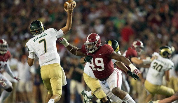 Sep 16, 2017; Tuscaloosa, AL, USA; Alabama Crimson Tide defensive lineman Isaiah Buggs (49) puts the pressure on Colorado State Rams quarterback Nick Stevens (7) at Bryant-Denny Stadium. Photo Credit: Marvin Gentry-USA TODAY Sports