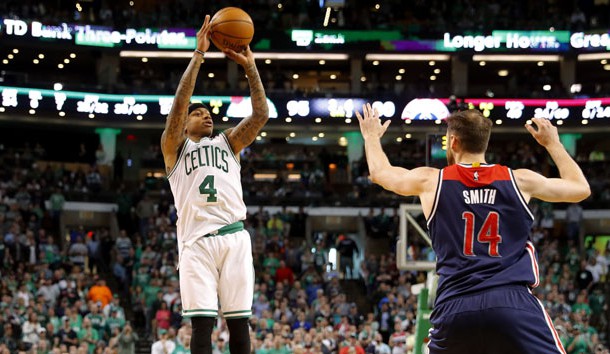 Apr 30, 2017; Boston, MA, USA; Boston Celtics guard Isaiah Thomas (4) shoots over Washington Wizards forward Jason Smith (14) during the second half of the Boston Celtics 123-111 win over the Washington Wizards in game one of the second round of the 2017 NBA Playoffs at TD Garden. Photo Credit: Winslow Townson-USA TODAY Sports