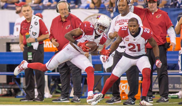 Sep 17, 2017; Indianapolis, IN, USA; Arizona Cardinals wide receiver J.J. Nelson (14) catches the ball in the second half of the game against the Indianapolis Colts at Lucas Oil Stadium. Photo Credit: Trevor Ruszkowski-USA TODAY Sports