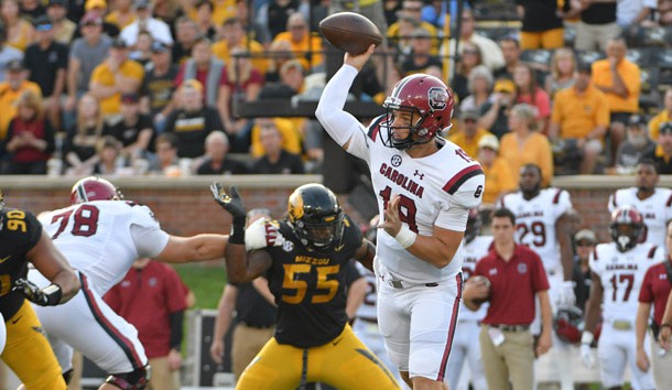Sep 9, 2017; Columbia, MO, USA; South Carolina Gamecocks quarterback Jake Bentley (19) throws a pass during the first half against the Missouri Tigers at Faurot Field. Mandatory Credit: Denny Medley-USA TODAY Sports