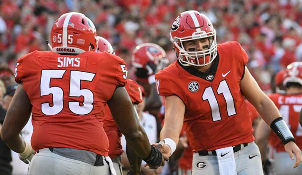 Sep 2, 2017; Athens, GA, USA; Georgia Bulldogs quarterback Jake Fromm (11) reacts with running back Sony Michel (1) and guard Dyshon Sims (55) after a Georgia touchdown against the Appalachian State Mountaineers during the first half at Sanford Stadium. Photo Credit: Dale Zanine-USA TODAY Sports
