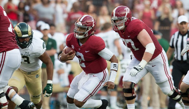 Sep 16, 2017; Tuscaloosa, AL, USA; Alabama Crimson Tide quarterback Jalen Hurts (2) carries the ball against Colorado State Rams during the first quarter at Bryant-Denny Stadium. Photo Credit: Marvin Gentry-USA TODAY Sports
