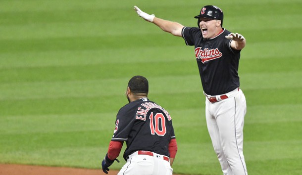 Sep 14, 2017; Cleveland, OH, USA; Cleveland Indians right fielder Jay Bruce (32) is congratulated by designated hitter Edwin Encarnacion (10) after his game-winning, RBI double in the tenth inning against the Kansas City Royals at Progressive Field. Photo Credit: David Richard-USA TODAY Sports