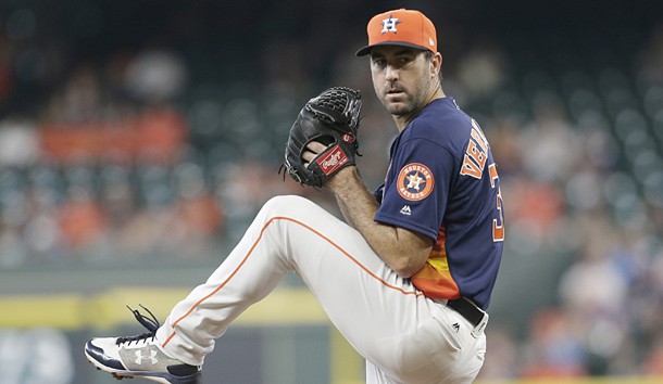 Sep 17, 2017; Houston, TX, USA;  Houston Astros starting pitcher Justin Verlander (35) pitches against the Seattle Mariners in the first inning at Minute Maid Park. Photo Credit: Thomas B. Shea-USA TODAY Sports