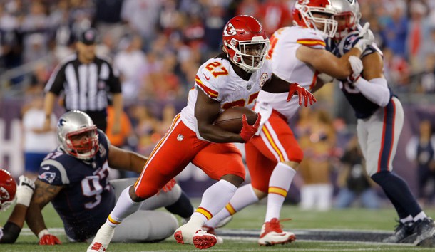 Sep 7, 2017; Foxborough, MA, USA; Kansas City Chiefs running back Kareem Hunt (27) runs with the ball against the New England Patriots at Gillette Stadium. Photo Credit: David Butler II-USA TODAY Sports