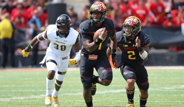 Sep 9, 2017; College Park, MD, USA; Maryland Terrapins quarterback Kasim Hill (11) runs for a gain against the Towson Tigers at Maryland Stadium. Photo Credit: Mitch Stringer-USA TODAY Sports