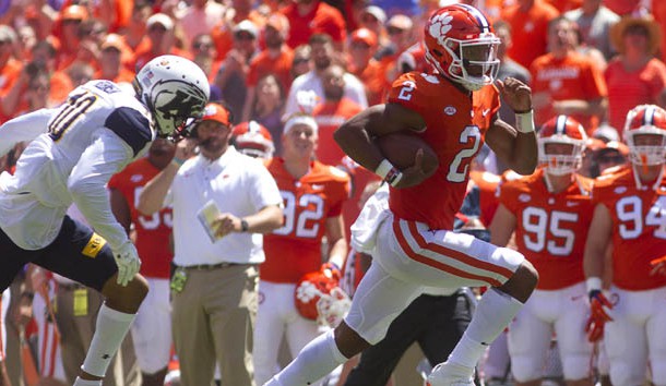 Sep 2, 2017; Clemson, SC, USA; Clemson Tigers quarterback Kelly Bryant (2) carries the ball while being defended by Kent State Golden Flashes wide receiver Kavious Price (10) during the first half at Clemson Memorial Stadium. Photo Credit: Joshua S. Kelly-USA TODAY Sports