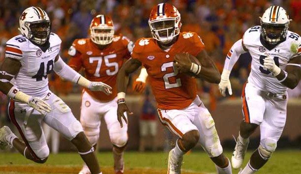 Sep 9, 2017; Clemson, SC, USA; Clemson Tigers quarterback Kelly Bryant (2) carries the ball during the second half against the Auburn Tigers at Clemson Memorial Stadium. Clemson won 14-6. Photo Credit: Joshua S. Kelly-USA TODAY Sports