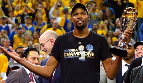 Jun 12, 2017; Oakland, CA, USA; Golden State Warriors forward Kevin Durant (35) celebrates after winning the NBA Fianls MVP in game five of the 2017 NBA Finals at Oracle Arena. Photo Credit: Kelley L Cox-USA TODAY Sports