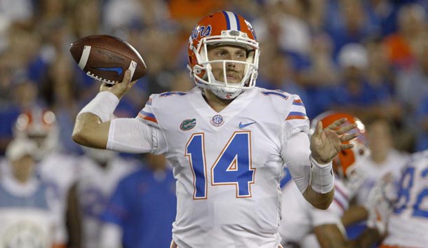 Sep 23, 2017; Lexington, KY, USA; Florida Gators quarterback Luke Del Rio (14) passes the ball against the Kentucky Wildcats In the second half at Commonwealth Stadium. Florida defeated Kentucky 28-27. Photo Credit: Mark Zerof-USA TODAY Sports