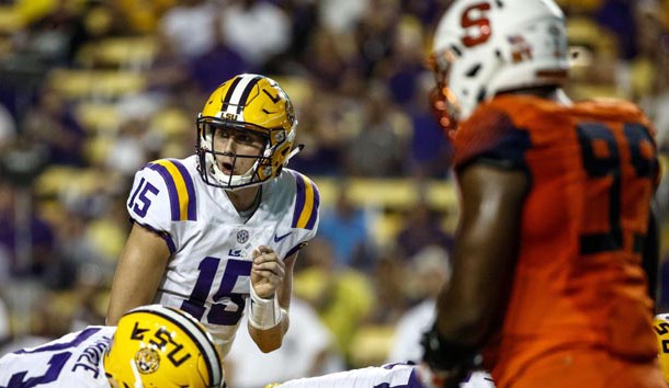 Sep 23, 2017; Baton Rouge, LA, USA; LSU Tigers quarterback Myles Brennan (15) under center against the Syracuse Orange during the fourth quarter of a game at Tiger Stadium. LSU defeated Syracuse 35-26. Photo Credit: Derick E. Hingle-USA TODAY Sports
