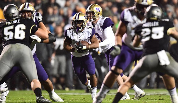 Sep 23, 2017; Boulder, CO, USA; Washington Huskies running back Myles Gaskin (9) carries the ball in the second quarter against the Colorado Buffaloes  at Folsom Field. Photo Credit: Ron Chenoy-USA TODAY Sports