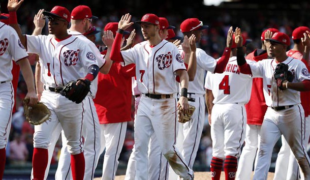 Sep 10, 2017; Washington, DC, USA; The Washington Nationals players celebrate after defeating the Philadelphia Phillies at Nationals Park. The Nationals won 3-2. Photo Credit: Amber Searls-USA TODAY Sports