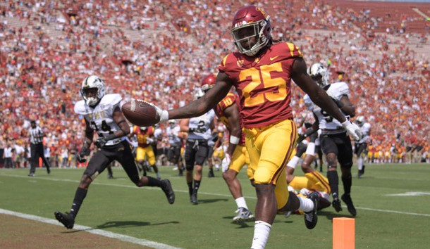 Sep 2, 2017; Los Angeles, CA, USA; Southern California Trojans running back Ronald Jones II (25) scores on a 16-yard touchdown run in the first quarter against the Western Michigan Broncos during a NCAA football game at Los Angeles Memorial Coliseum. Photo Credit: Kirby Lee-USA TODAY Sports