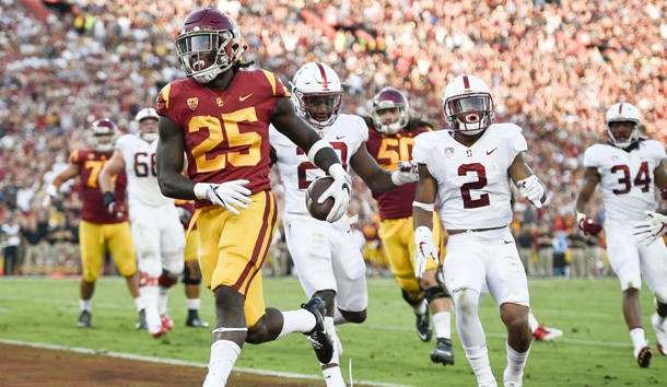 Sep 9, 2017; Los Angeles, CA, USA; Southern California Trojans running back Ronald Jones II (25) celebrates after running in a touchdown against the Stanford Cardinal during the first quarter at Los Angeles Memorial Coliseum. Photo Credit: Kelvin Kuo-USA TODAY Sports