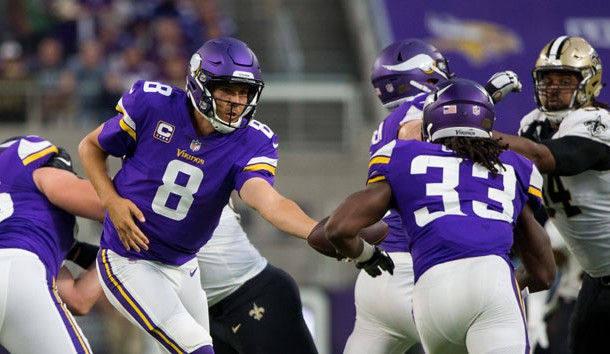 Sep 11, 2017; Minneapolis, MN, USA; Minnesota Vikings quarterback Sam Bradford (8) hands the ball off to running back Dalvin Cook (33) in the second quarter against the New Orleans Saints at U.S. Bank Stadium. Photo Credit: Brad Rempel-USA TODAY Sports