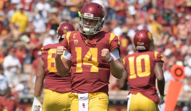 Sep 2, 2017; Los Angeles, CA, USA; Southern California Trojans quarterback Sam Darnold (14) celebrates after a touchdown in the first quarter against the Western Michigan Broncos during a NCAA football game at Los Angeles Memorial Coliseum. Photo Credit: Kirby Lee-USA TODAY Sports