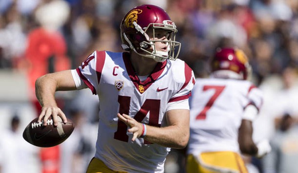 Sep 23, 2017; Berkeley, CA, USA; USC Trojans quarterback Sam Darnold (14) runs the ball against the California Golden Bears in the second quarter at Memorial Stadium. Photo Credit: John Hefti-USA TODAY Sports