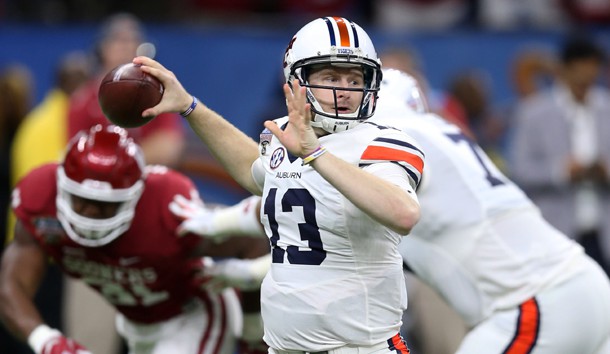 Jan 2, 2017; New Orleans , LA, USA; Auburn Tigers quarterback Sean White (13) drops back to pass against the Oklahoma Sooners in the first quarter of 2017 Sugar Bowl at the Mercedes-Benz Superdome. Photo Credit: Chuck Cook-USA TODAY Sports