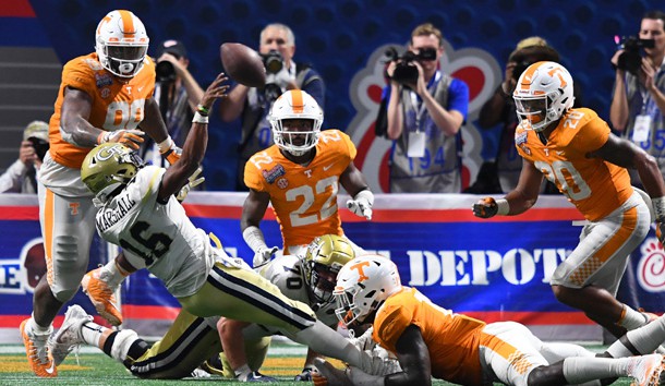 Sep 4, 2017; Atlanta, GA, USA; Georgia Tech Yellow Jackets quarterback TaQuon Marshall (16) is tackled by Tennessee Volunteers defensive lineman Darrell Taylor (19) on an unsuccessful two-point conversion attempt during overtime at Mercedes-Benz Stadium. Tennessee won 42-41 in two overtimes. Photo Credit: John David Mercer-USA TODAY Sports