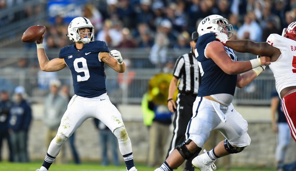 Sep 30, 2017; University Park, PA, USA; Penn State Nittany Lions quarterback Trace McSorley (9) passes the ball against the Indiana Hoosiers during the fourth quarter at Beaver Stadium. Photo Credit: Rich Barnes-USA TODAY Sports