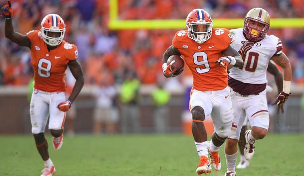 Sep 23, 2017; Clemson, SC, USA;  Clemson running back Travis Etienne (9) runs 50 yards to score against Boston College during the 4th quarter at Clemson Memorial Stadium. Photo Credit: Bart Boatwright/Greenville News via USA TODAY Sports