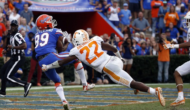 Sep 16, 2017; Gainesville, FL, USA; Florida Gators wide receiver Tyrie Cleveland (89) catches the ball for a touchdown as time expires to win the game as Tennessee Volunteers defensive back Micah Abernathy (22) attempted to defend during the second half at Ben Hill Griffin Stadium. Photo Credit: Kim Klement-USA TODAY Sports