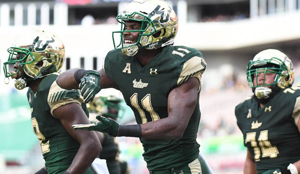 Sep 2, 2017; Tampa, FL, USA; South Florida Bulls wide receiver Marquez Valdes-Scantling (11) celebrates a touchdown catch in the second half  against the Stony Brook Seawolves at Raymond James Stadium. Photo Credit: Jonathan Dyer-USA TODAY Sports