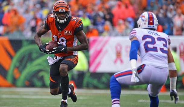 Oct 8, 2017; Cincinnati, OH, USA; Cincinnati Bengals wide receiver A.J. Green (18) makes a catch against the Buffalo Bills in the second half at Paul Brown Stadium. Photo Credit: Aaron Doster-USA TODAY Sports