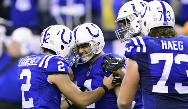 Oct 8, 2017; Indianapolis, IN, USA; Indianapolis Colts punter Rigoberto Sanchez (2) and kicker Adam Vinatieri (4) celebrate the game winning field goal against the San Francisco 49ers at Lucas Oil Stadium. Photo Credit: Thomas J. Russo-USA TODAY Sports